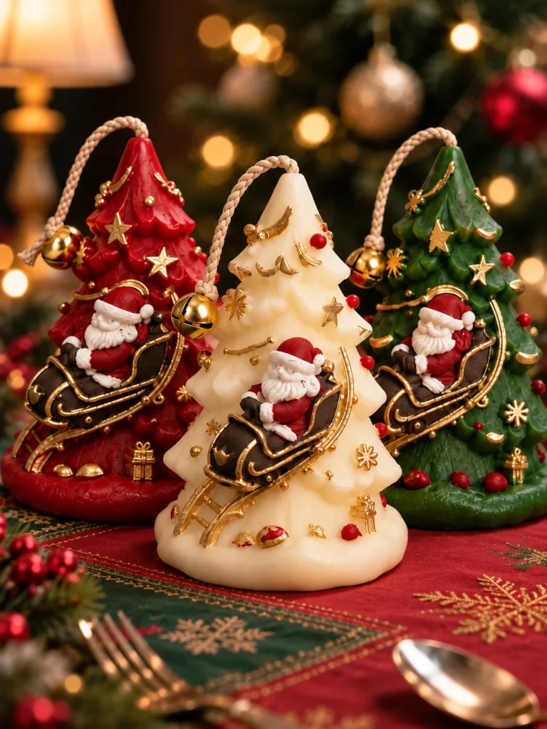 As três velas Árvore de Natal com Trenó, nas cores vermelha, creme e verde, sobre uma mesa posta de Natal com toalha vermelha e cutelaria