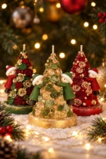 As três velas Árvore de Rosas com Menininhos, nas versões verde, dourada e vermelha, sobre neve artificial com fios de luz e ramos de pinheiro