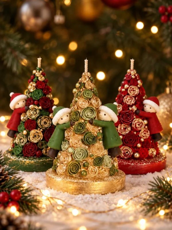 As três velas Árvore de Rosas com Menininhos, nas versões verde, dourada e vermelha, sobre neve artificial com fios de luz e ramos de pinheiro