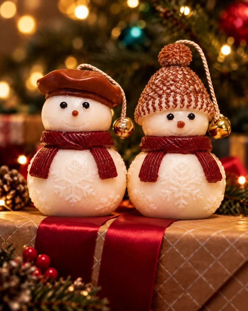 Duas velas de boneco de neve de cachecol vinho apoiadas sobre um presente embrulhado com fita vermelha, diante de uma árvore de Natal iluminada, com pinhas e ramos ao lado