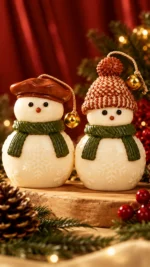 Duas velas de boneco de neve de cachecol verde, uma de boina marrom e outra de gorro de tricô marrom, sobre uma base de madeira com pinhas e ramos de pinheiro