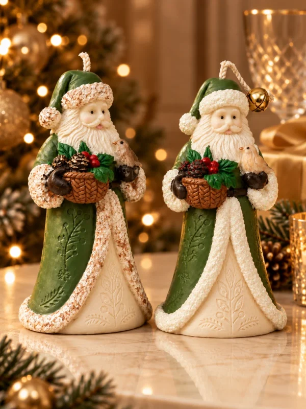 Duas velas Papai Noel com Passarinho de manto verde sobre superfície reflexiva, com árvore de Natal iluminada e bolas douradas ao fundo
